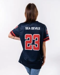 Hamburg Sea Devils Fan Jersey 8 Hamburg Sea Devils Fan Jersey -Sports football Merchandise 2023 BackCropped Blue HSD Jersey Red Sarah SizeL Women
